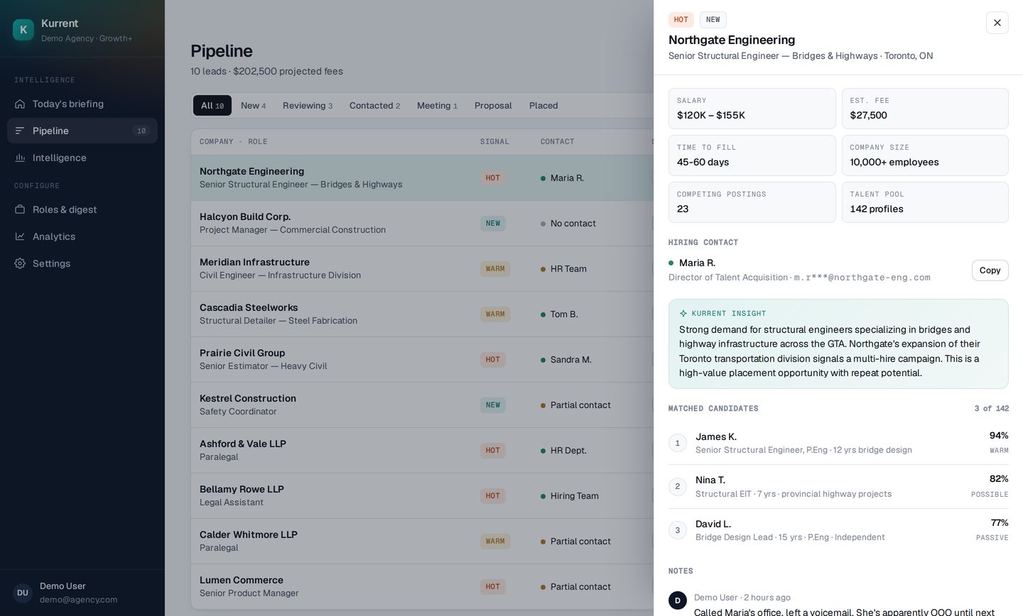 KURRENT client portal: pipeline with a lead opened